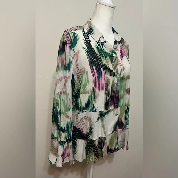 Habitat Clothes to Live In Watercolor Tiered Ruffled Bell Sleeve Blouse XS - Picture 4 of 11